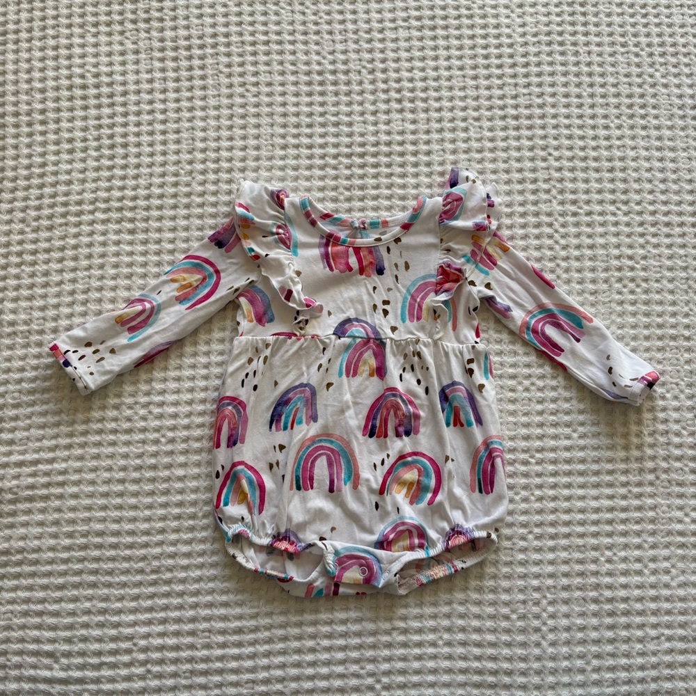 Birdie Bean Rainbow Bamboo White Ruffle-Shoulder Long Sleeve Bubble Romper 6-12M